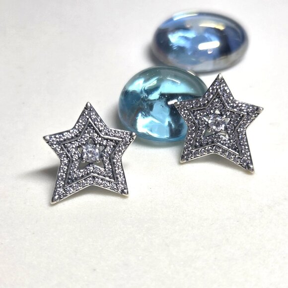 Authentic Pandora Sparkling Celestial Asymmetric Stars Stud Earrings Sterling - Picture 8 of 8
